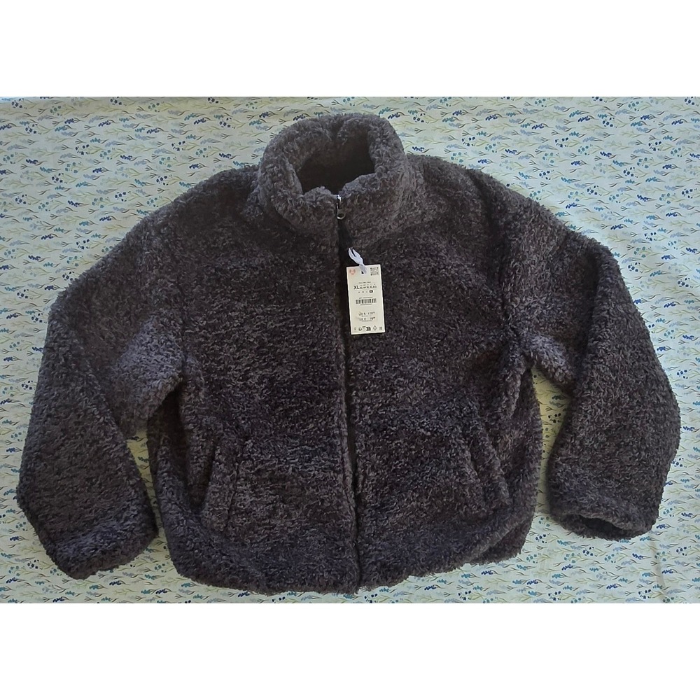 Zara Faux Fur Jacket Dark Grey High Neck Full Zip Teddy Coat XL‎ 0993/200/054